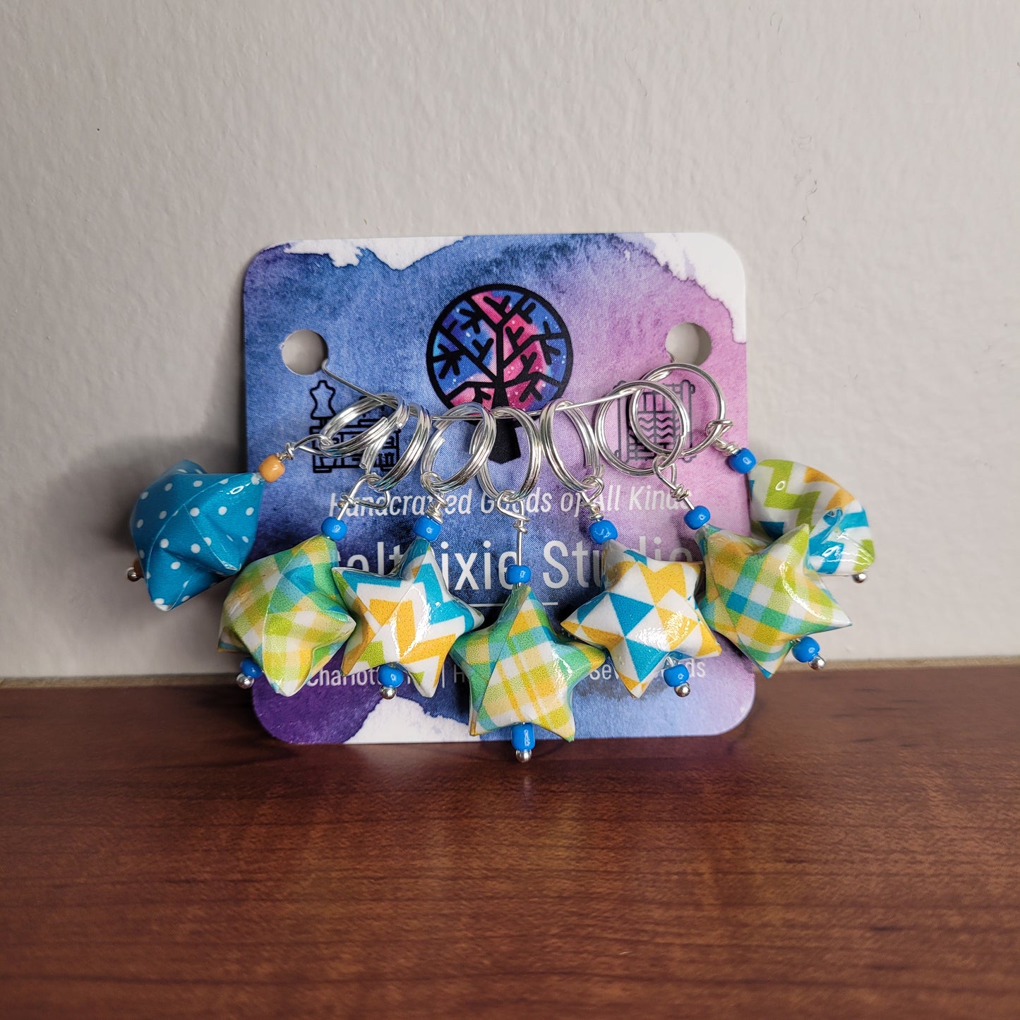 Stitch Marker | Handmade Paper Stars | Geometric Blue & Yellow | Set of 7