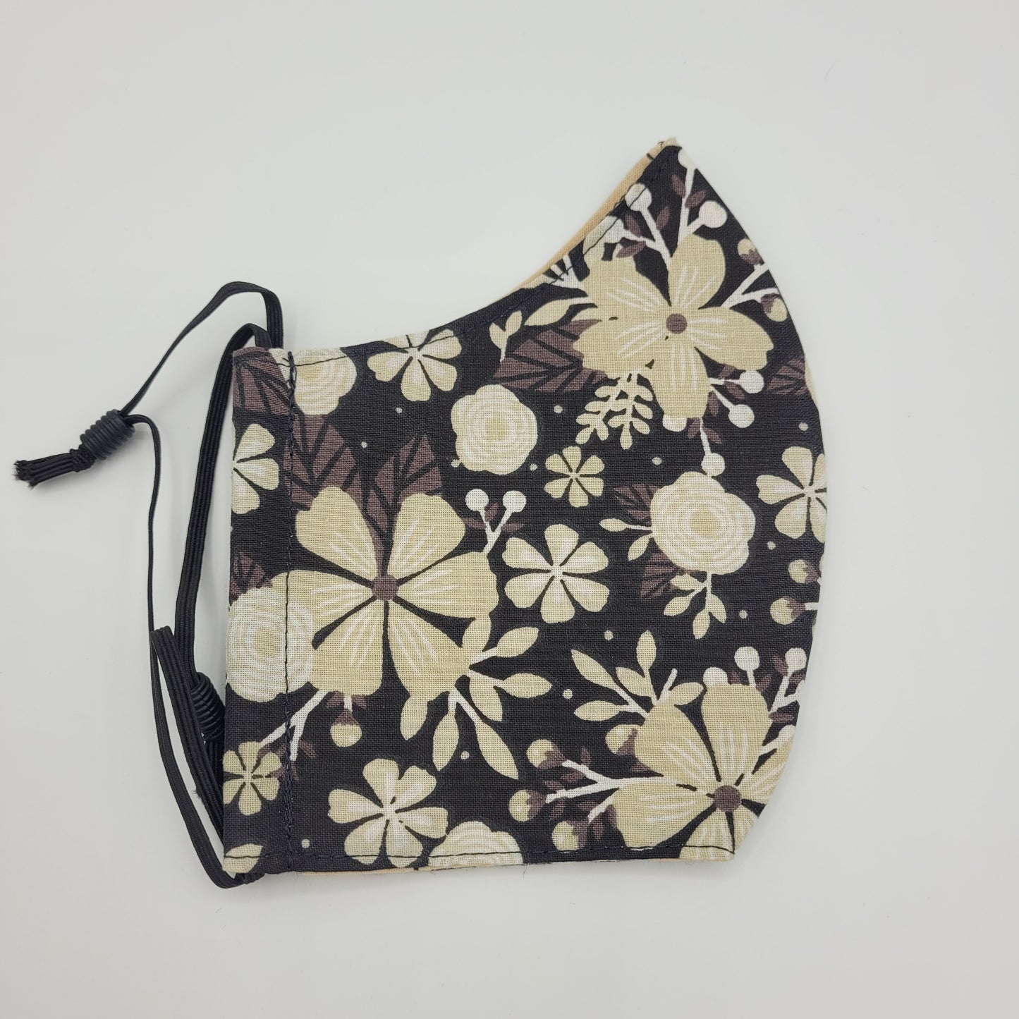 Cotton Face Mask w/ Filter Pocket | Adjustable Tie Ear Loops | Tan Black Floral | Washable Mask