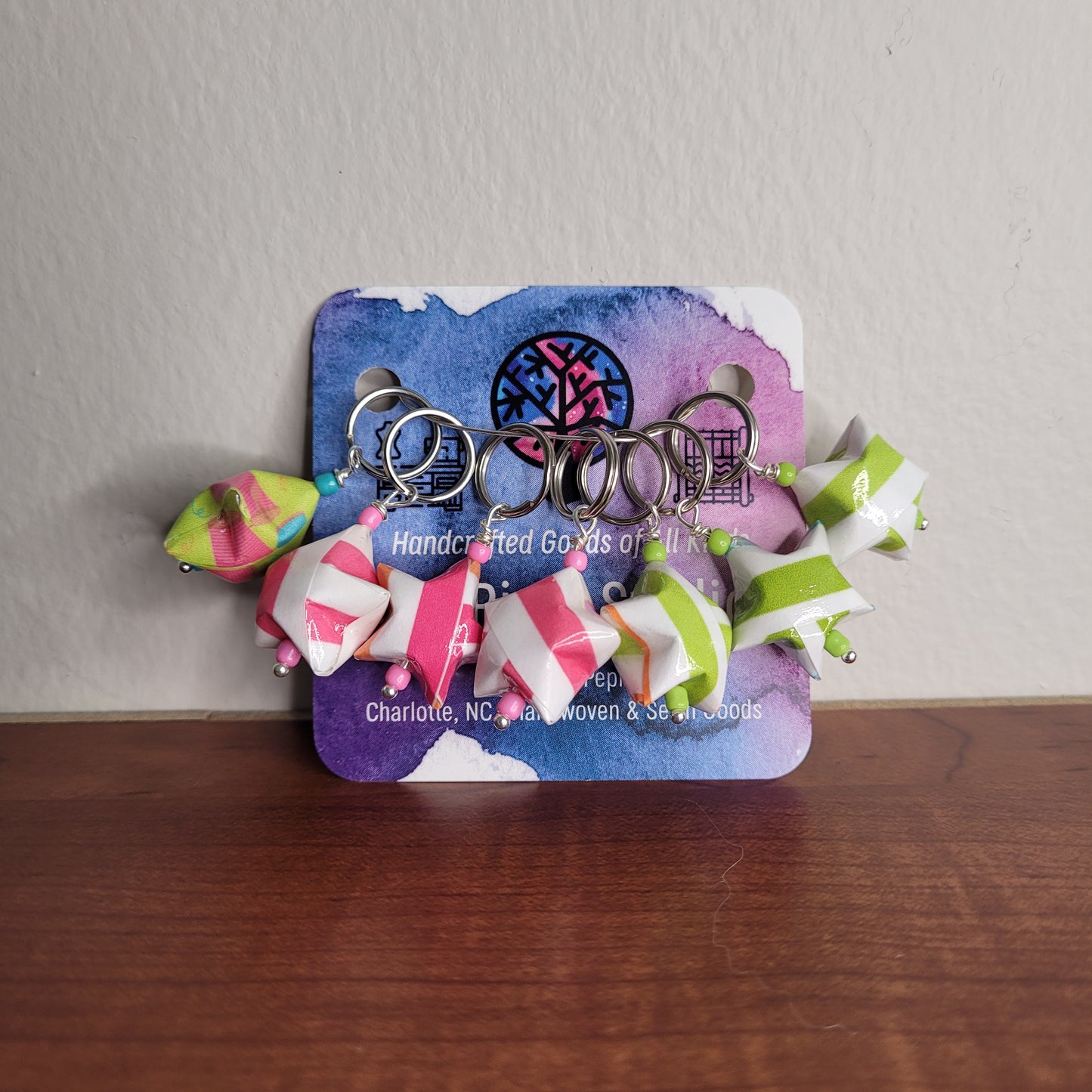 Stitch Marker | Handmade Paper Stars | Multicolor Stripes Pink/Green | Set of 7