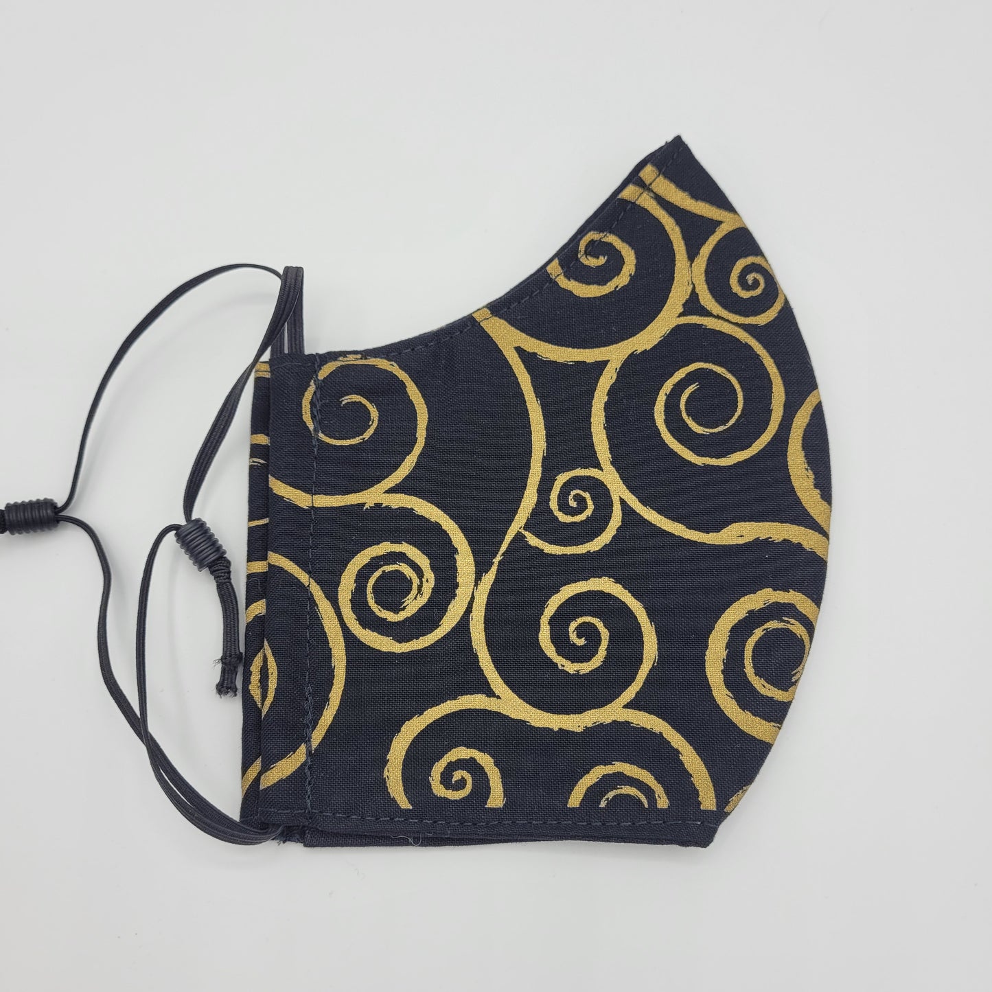 Cotton Face Mask w/ Filter Pocket | Adjustable Tie Ear Loops | Black/Gold Swirls | Washable Mask