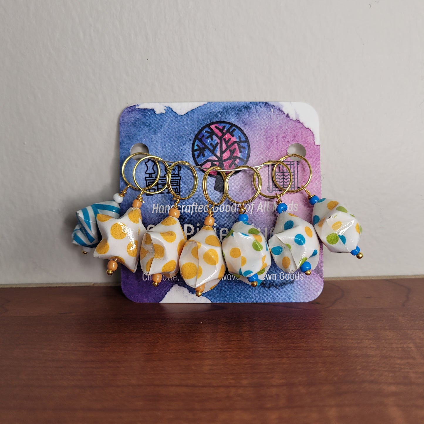 Stitch Marker | Handmade Paper Stars | Yellow/Green/Blue Polka Dots & Stripe | Set of 7