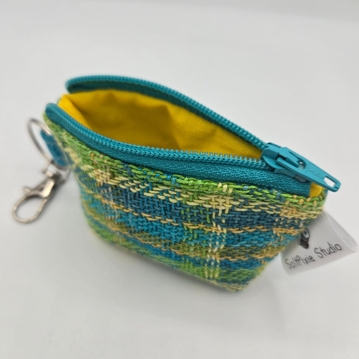Super Tiny Mini Zip Clip Pouch | Handwoven & Tencel | Turquoise and Yellow Plaid