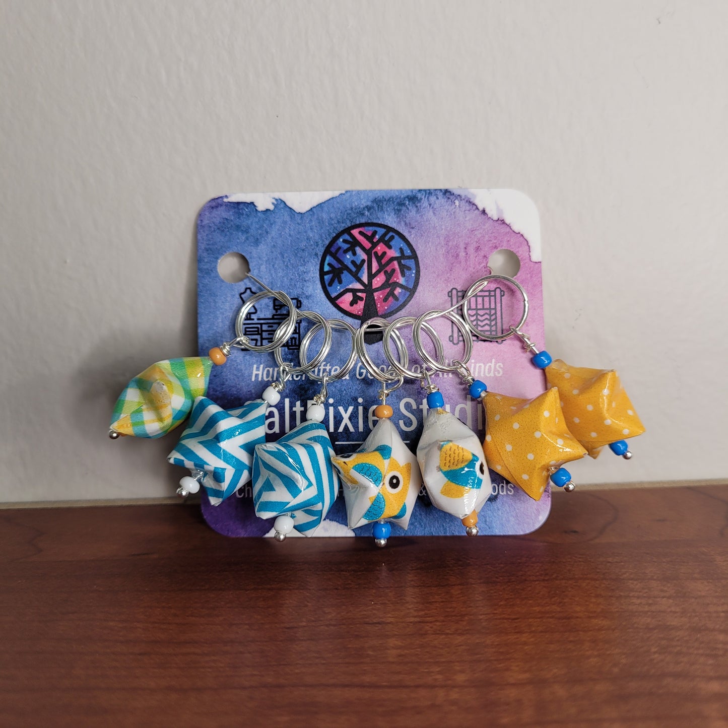 Stitch Marker | Handmade Paper Stars | Yellow/Green/Blue Owls, Dots, & Stripes | Set of 7
