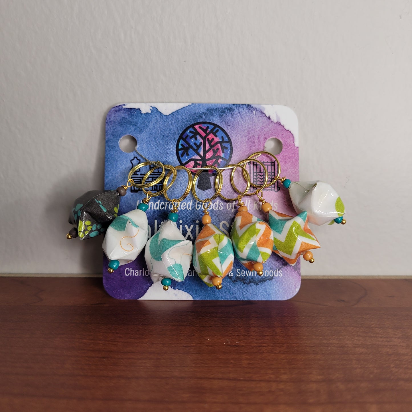 Stitch Marker | Handmade Paper Stars | Kitty Print & Geometric | Set of 7