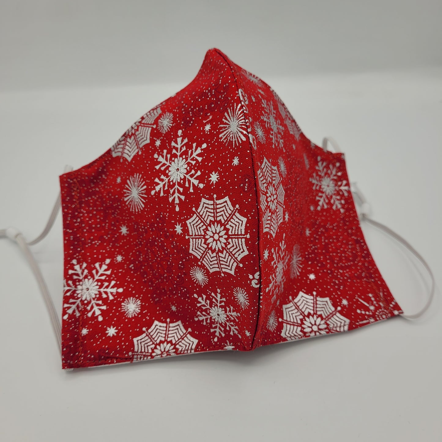 Cotton Face Mask w/ Filter Pocket | Adjustable Tie Ear Loops | Red/White Snowflake | Washable Mask