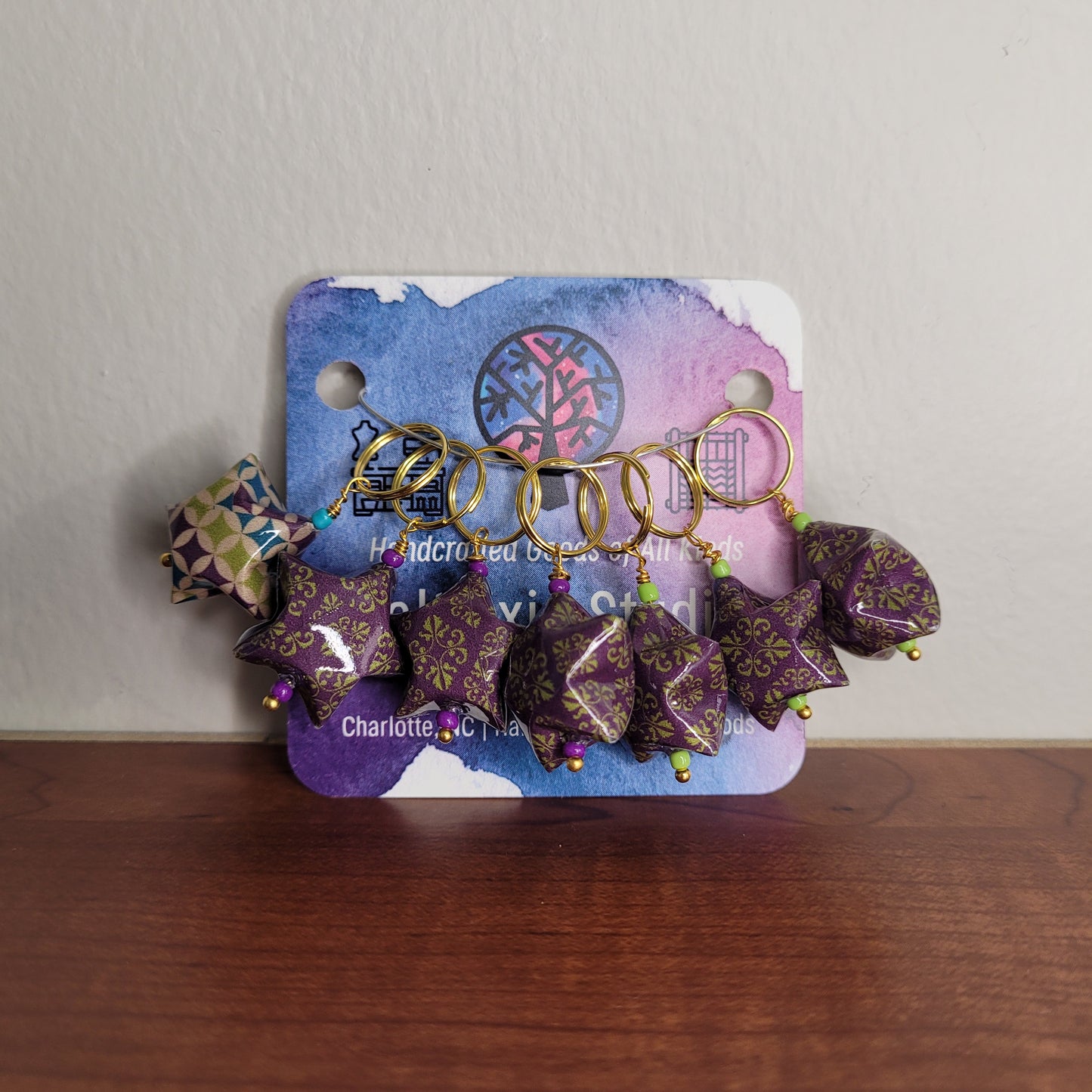 Stitch Marker | Handmade Paper Stars | Purple/Lime/Blue Swirls | Set of 7