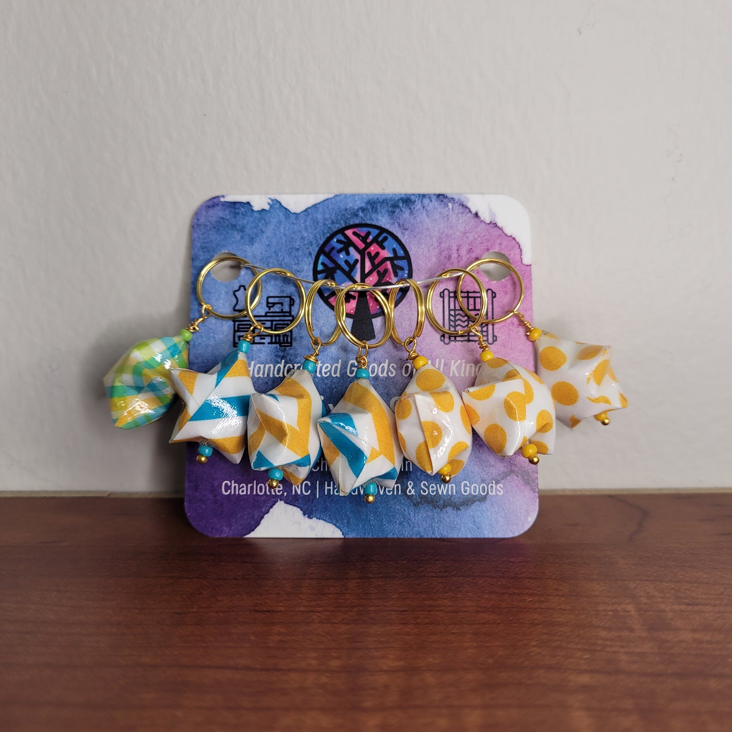 Stitch Marker | Handmade Paper Stars | Yellow/Blue Geometric & Polka Dot | Set of 7