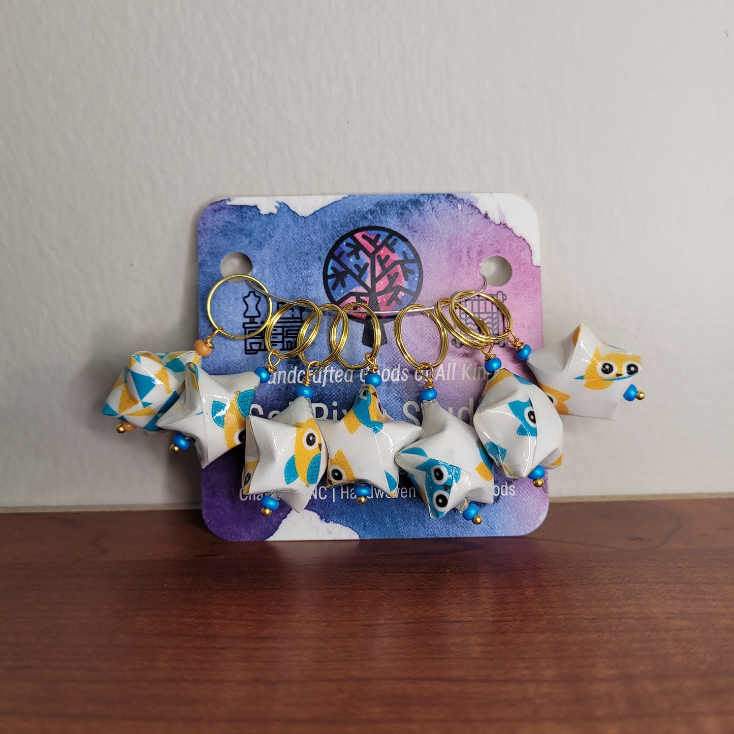 Stitch Marker | Handmade Paper Stars | Yellow/Blue Owls | Set of 7