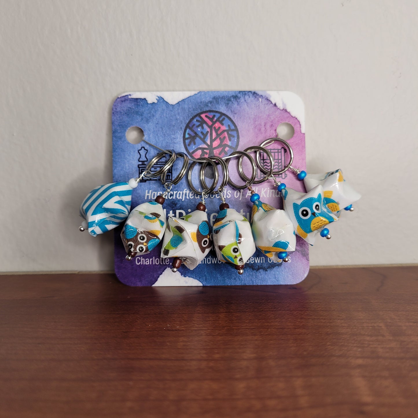 Stitch Marker | Handmade Paper Stars | Blue/White Owls | Set of 7