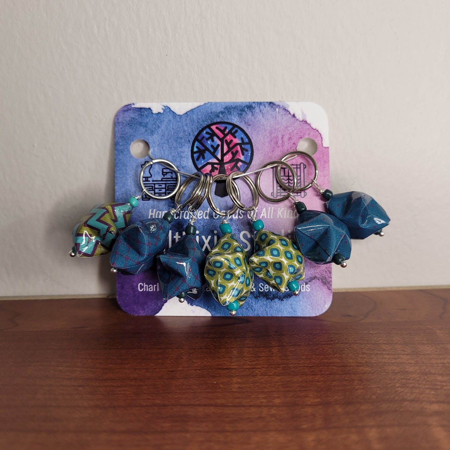 Stitch Marker | Handmade Paper Stars | Navy/Green/Purple Geometric | Set of 7
