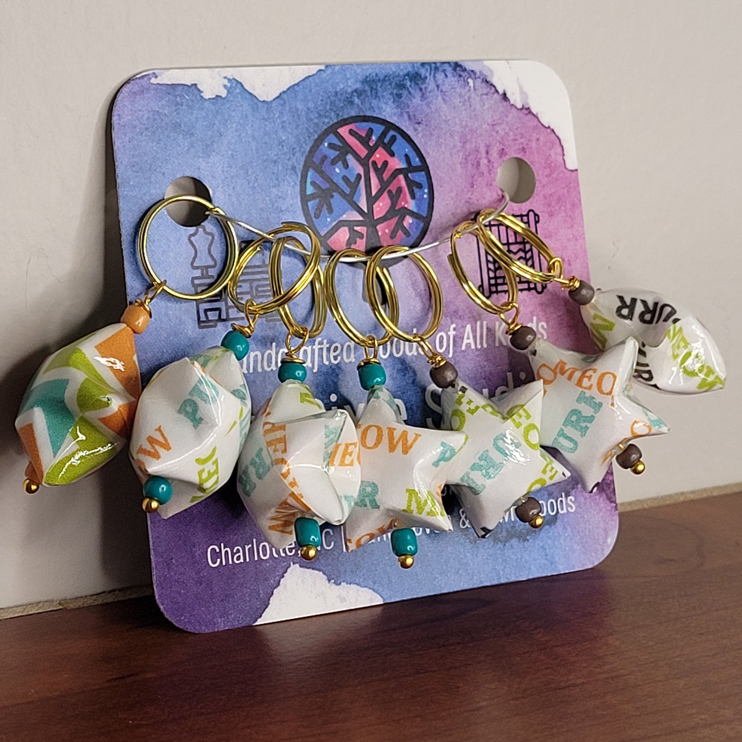 Stitch Marker | Handmade Paper Stars | Orange/Green/Blue Meow Print | Set of 7