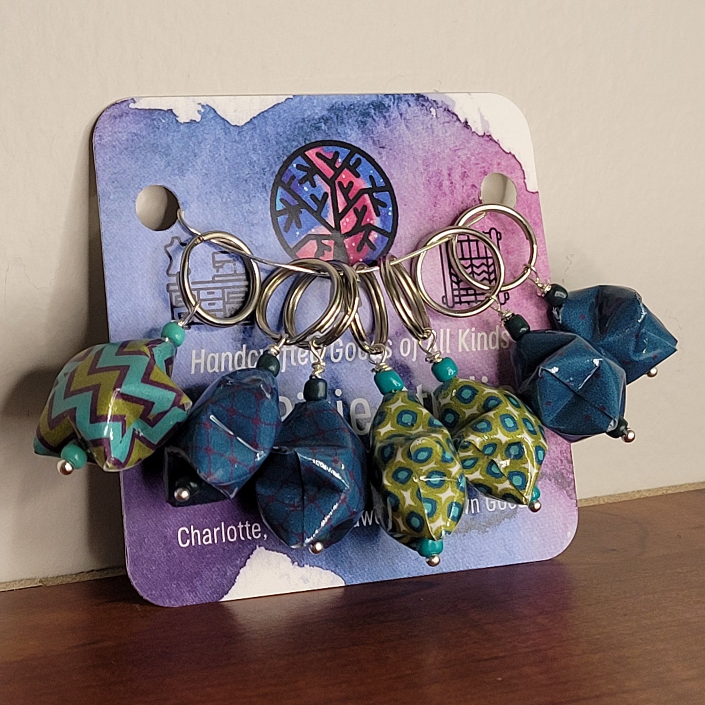 Stitch Marker | Handmade Paper Stars | Navy/Green/Purple Geometric | Set of 7
