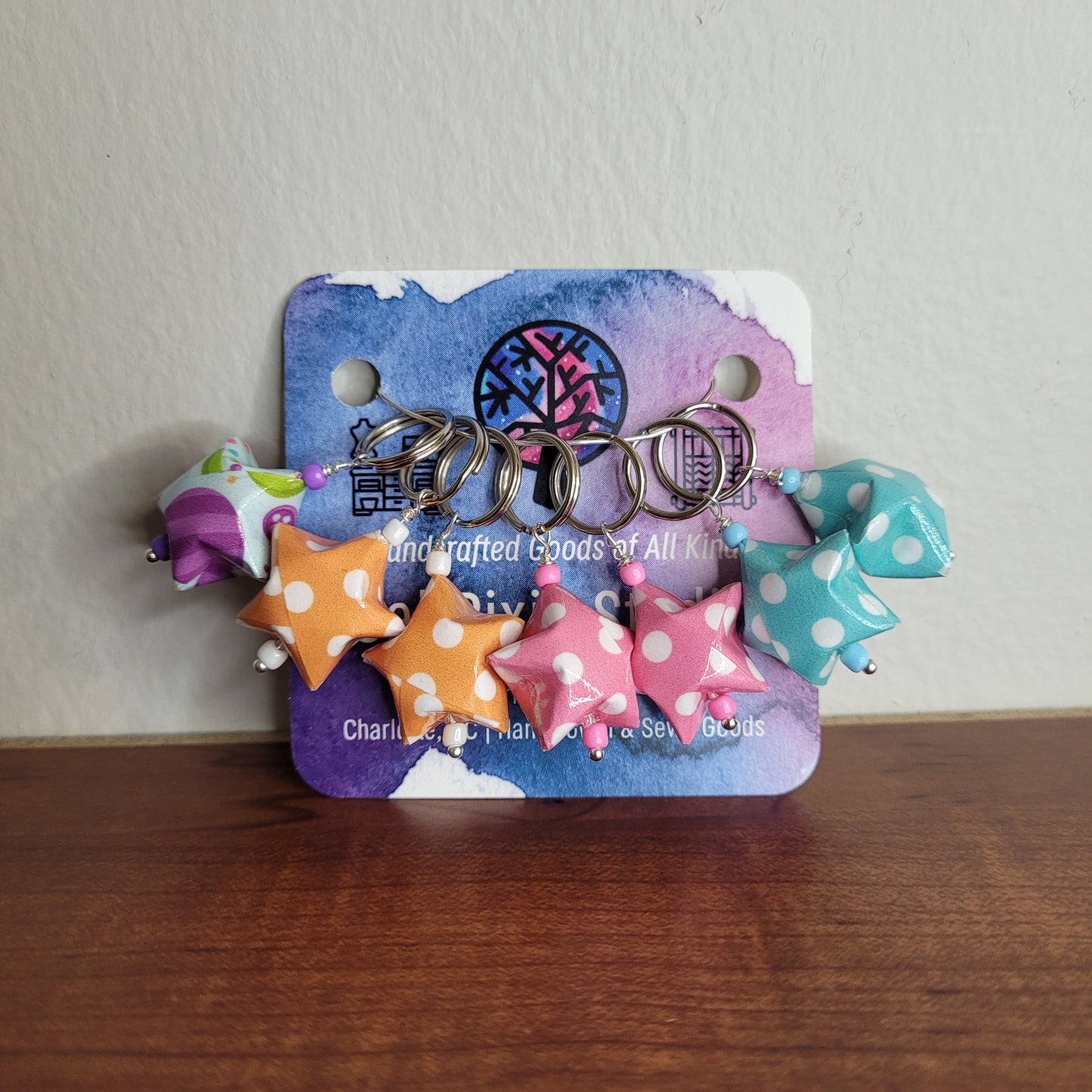 Stitch Marker | Handmade Paper Stars | Multicolor Polka Dots | Set of 7