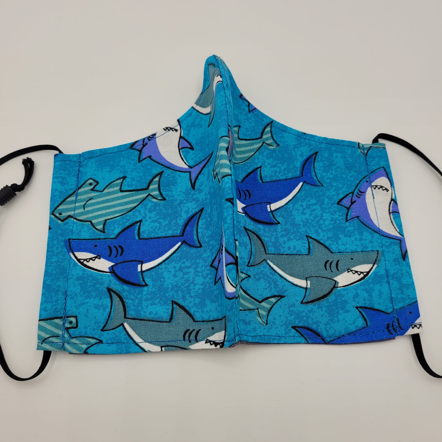 Cotton Face Mask w/ Filter Pocket | Adjustable Tie Ear Loops | Cartoon Shark Print | Washable Mask