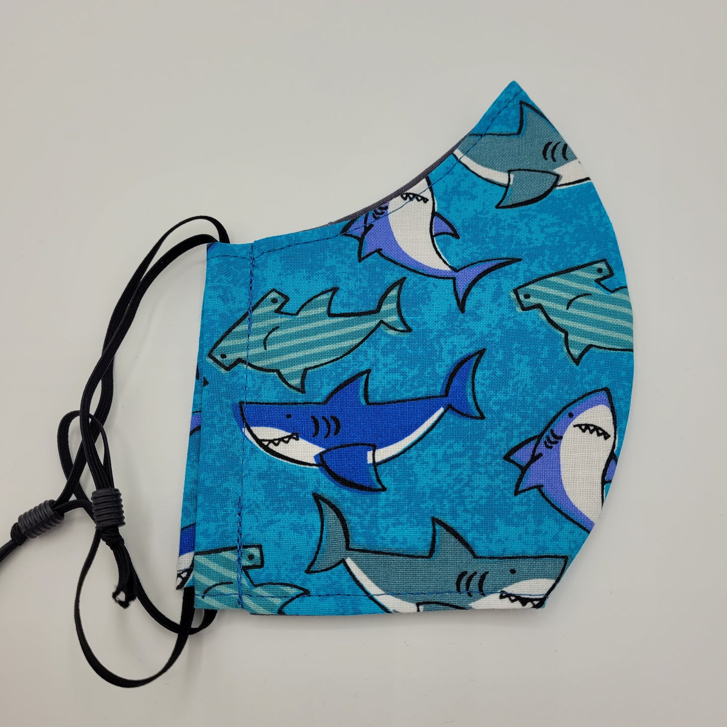 Cotton Face Mask w/ Filter Pocket | Adjustable Tie Ear Loops | Cartoon Shark Print | Washable Mask