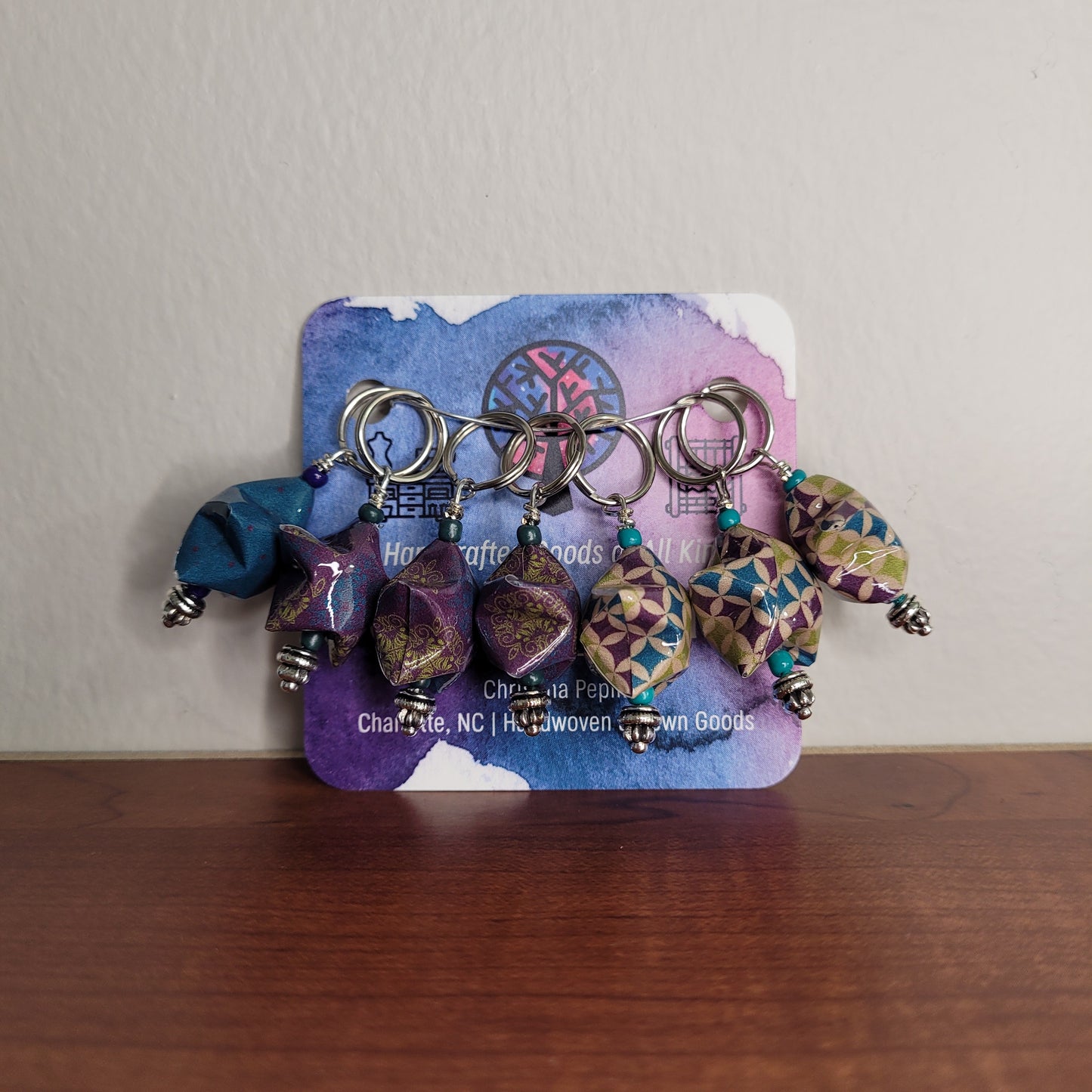 Stitch Marker | Handmade Paper Stars | Navy/Purple/Lime Swirls and Diamonds | Set of 7