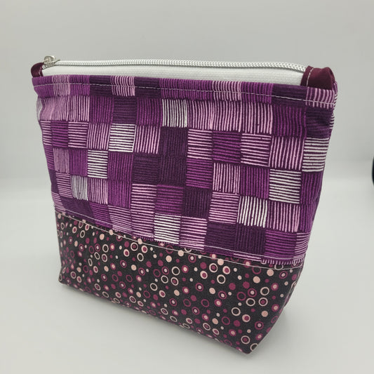 Zipper Pouch | Two Panel Cotton | Purple Dots &  Squares | Medium