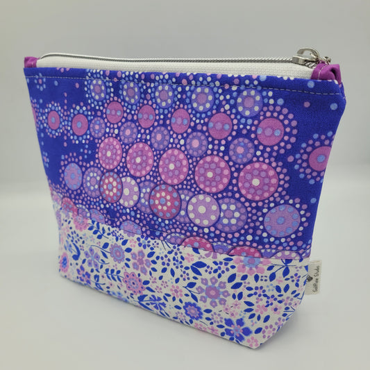Zipper Pouch | Two Panel Cotton | Dotted & Floral Purple Print A | Medium
