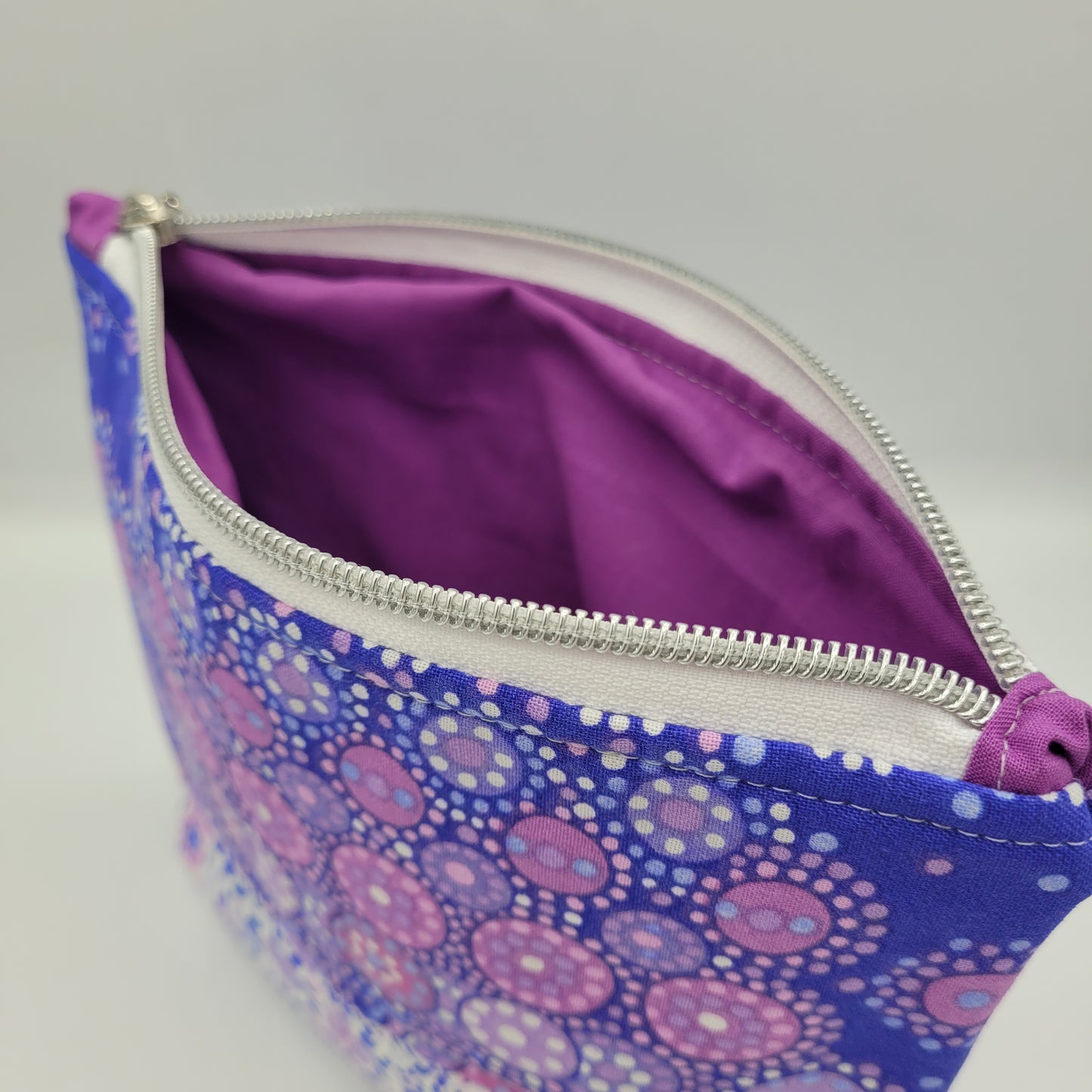 Zipper Pouch | Two Panel Cotton | Dotted & Floral Purple Print A | Medium