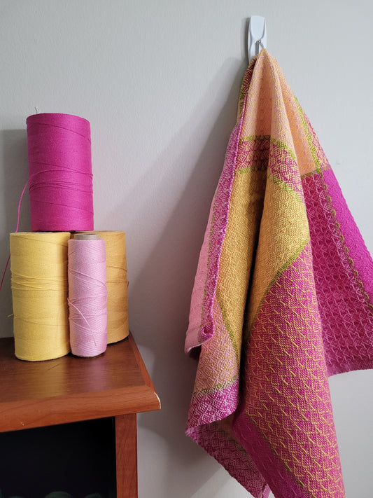 Dishtowel | Handwoven Kitchen Towel | Strawberry Lemonade | Pink, Yellows, Lime Green | Variant 3