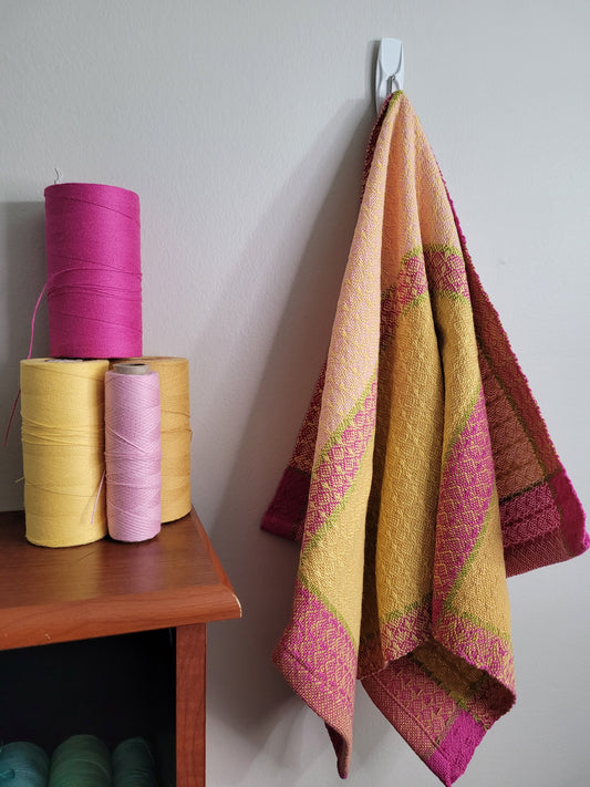 Dishtowel | Handwoven Kitchen Towel | Strawberry Lemonade | Pink, Yellows, Lime Green | Variant 6