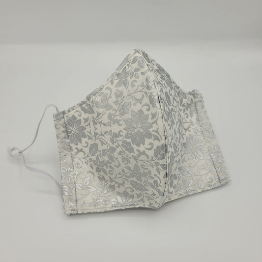 Cotton Face Mask w/ Filter Pocket | Adjustable Tie Ear Loops | Metallic White Floral | Washable Mask