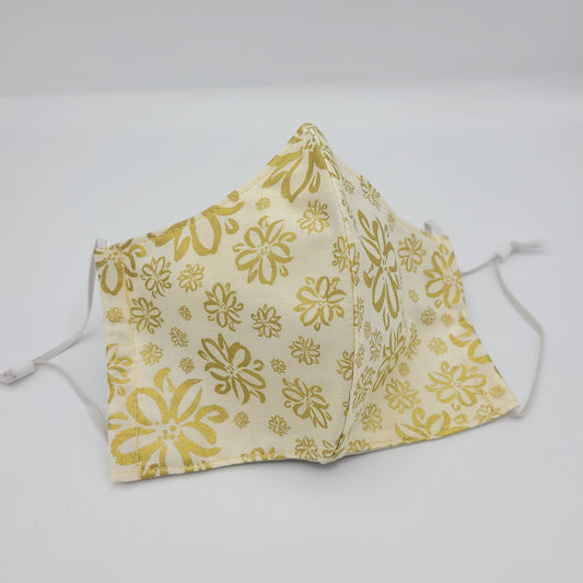 Cotton Face Mask w/ Filter Pocket | Adjustable Tie Ear Loops | Gold Metalic Floral | Washable Mask