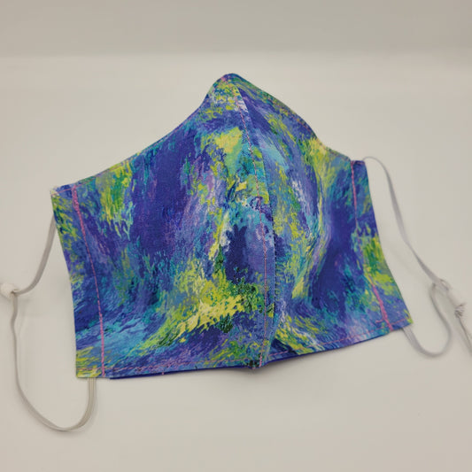 Cotton Face Mask w/ Filter Pocket | Adjustable Tie Ear Loops | Green/Blue/Purple Watercolor | Washable Mask