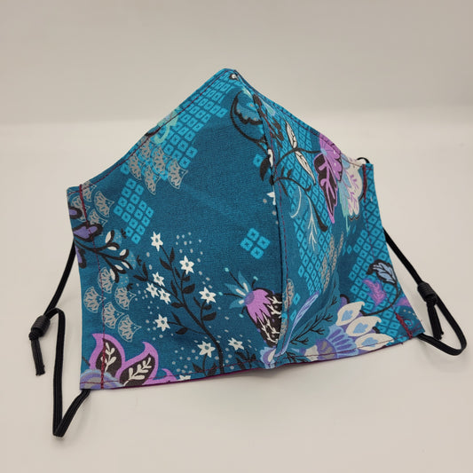 Cotton Face Mask w/ Filter Pocket | Adjustable Tie Ear Loops | Blue/Purple Floral | Washable Mask