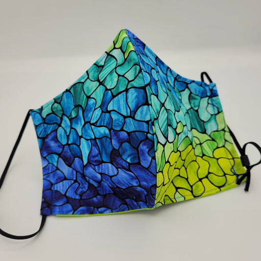 Cotton Face Mask w/ Filter Pocket | Adjustable Tie Ear Loops | Blue/Green Stained Glass | Washable Mask