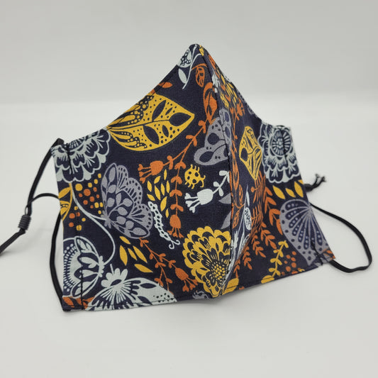 Cotton Face Mask w/ Filter Pocket | Adjustable Tie Ear Loops | Navy/Orange/Sky Blue Floral Print | Washable Mask