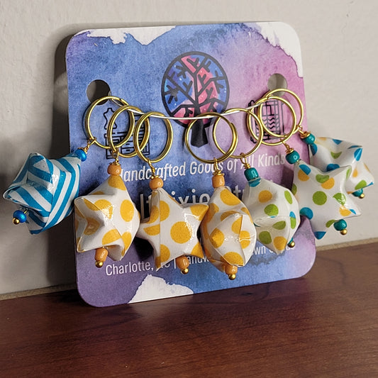 Stitch Marker | Handmade Paper Stars | Yellow/Green/Blue Polka Dots | Set of 7