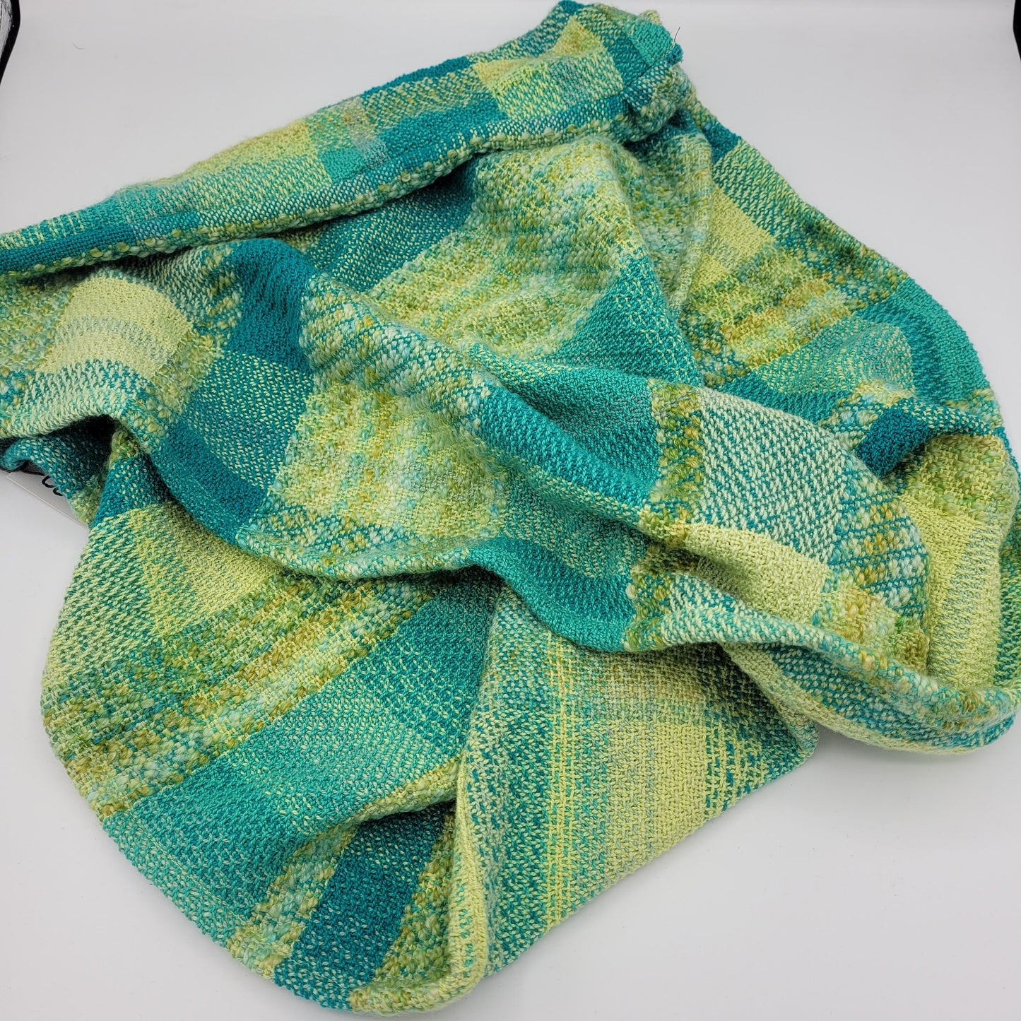 Handwoven Twisted Mobius Cowl | Blue Yellow Green Neck Wrap | Cotton | Tencel | Handwoven Wool