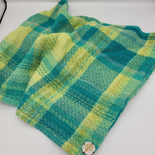 Handwoven Twisted Mobius Cowl | Blue Yellow Green Neck Wrap | Cotton | Tencel | Handwoven Wool