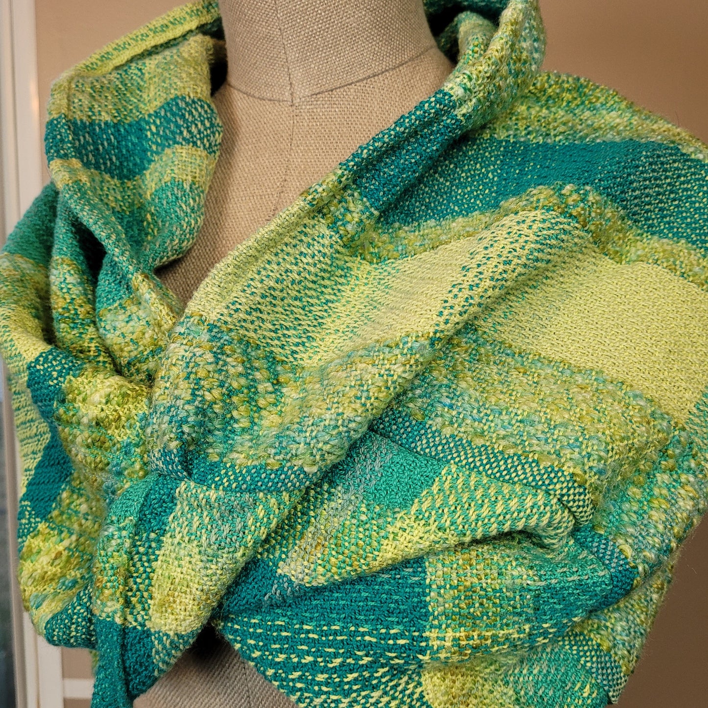 Handwoven Twisted Mobius Cowl | Blue Yellow Green Neck Wrap | Cotton | Tencel | Handwoven Wool