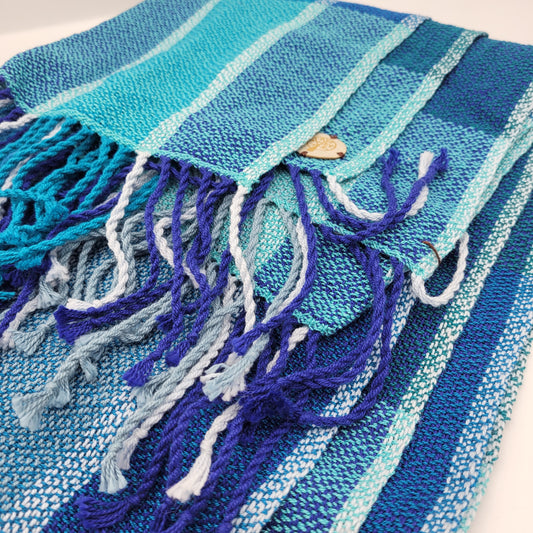 3 Tone Blues Handwoven Wrap | Scarf | Shawl | Blues & White | Mercerized Cotton
