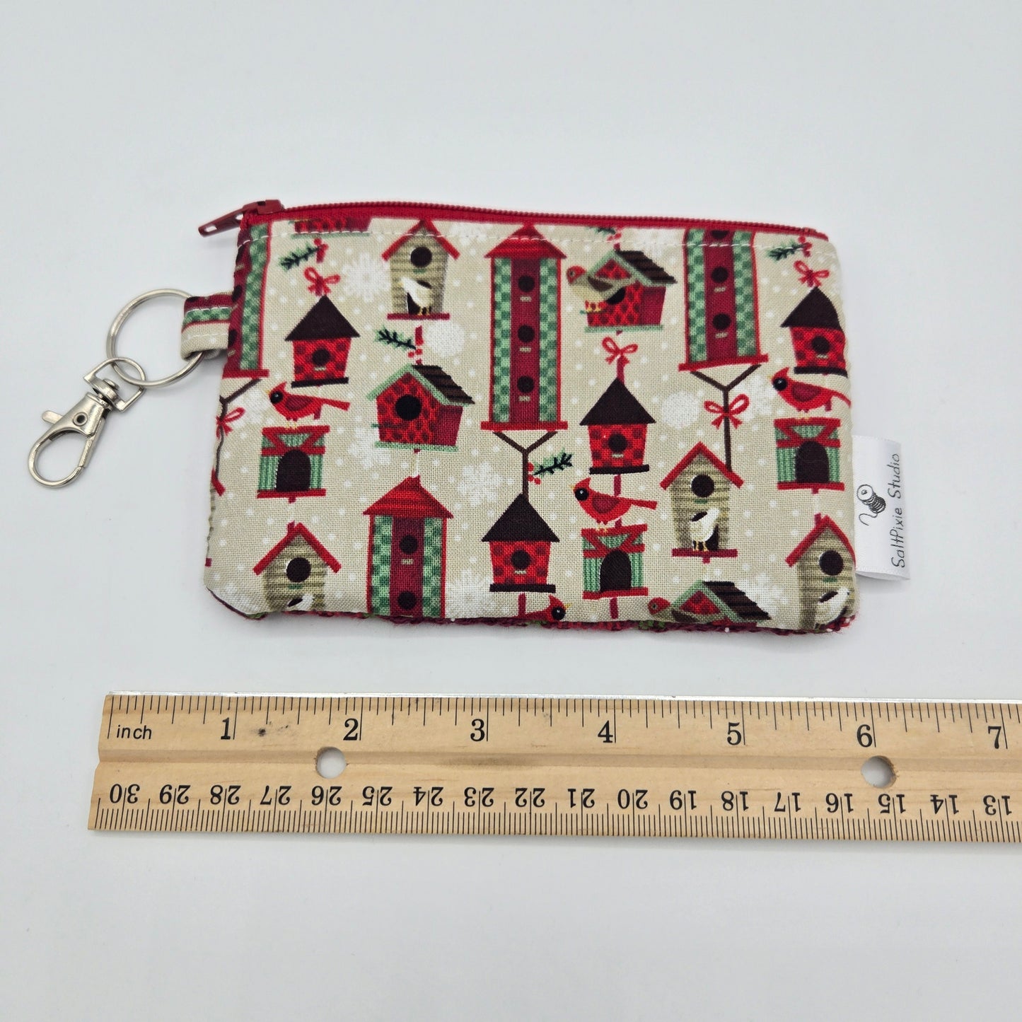 Mini Zipper Pouch | Handwoven & Cotton | Holiday Plaid Red Birdhouses