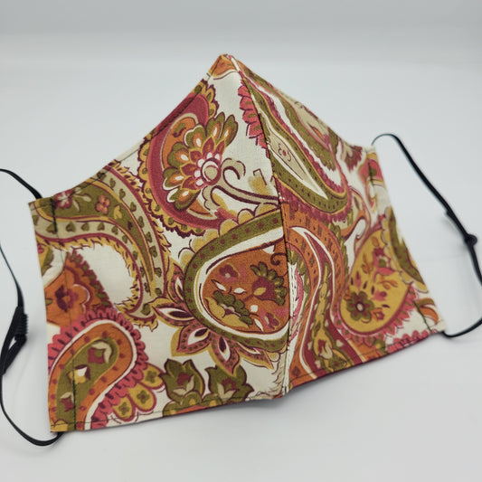 Cotton Face Mask w/ Filter Pocket | Adjustable Tie Ear Loops | Vintage Paisley | Washable Mask
