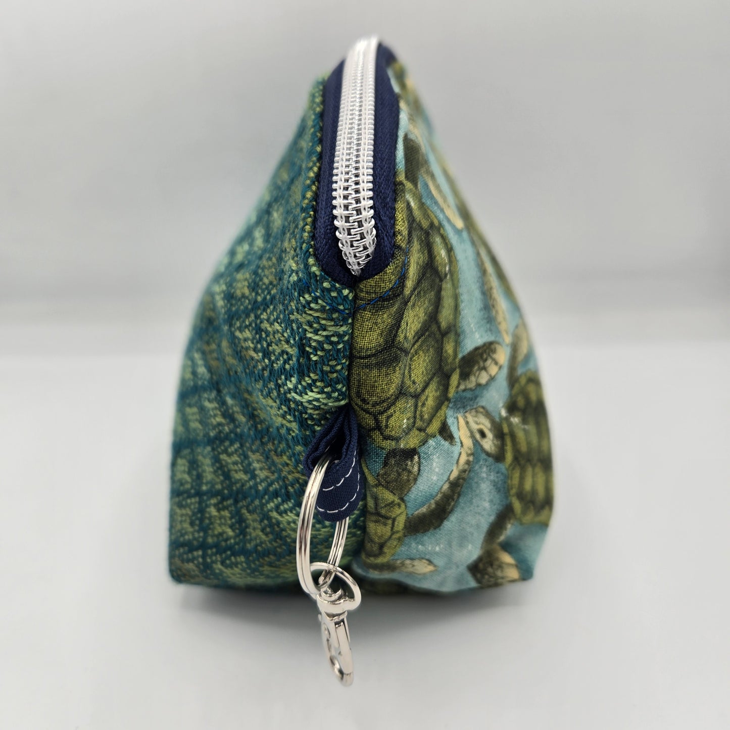 Curved Zipper Bag | Handwoven + Cotton | Sea Turtles and Ocean Greens | Medium