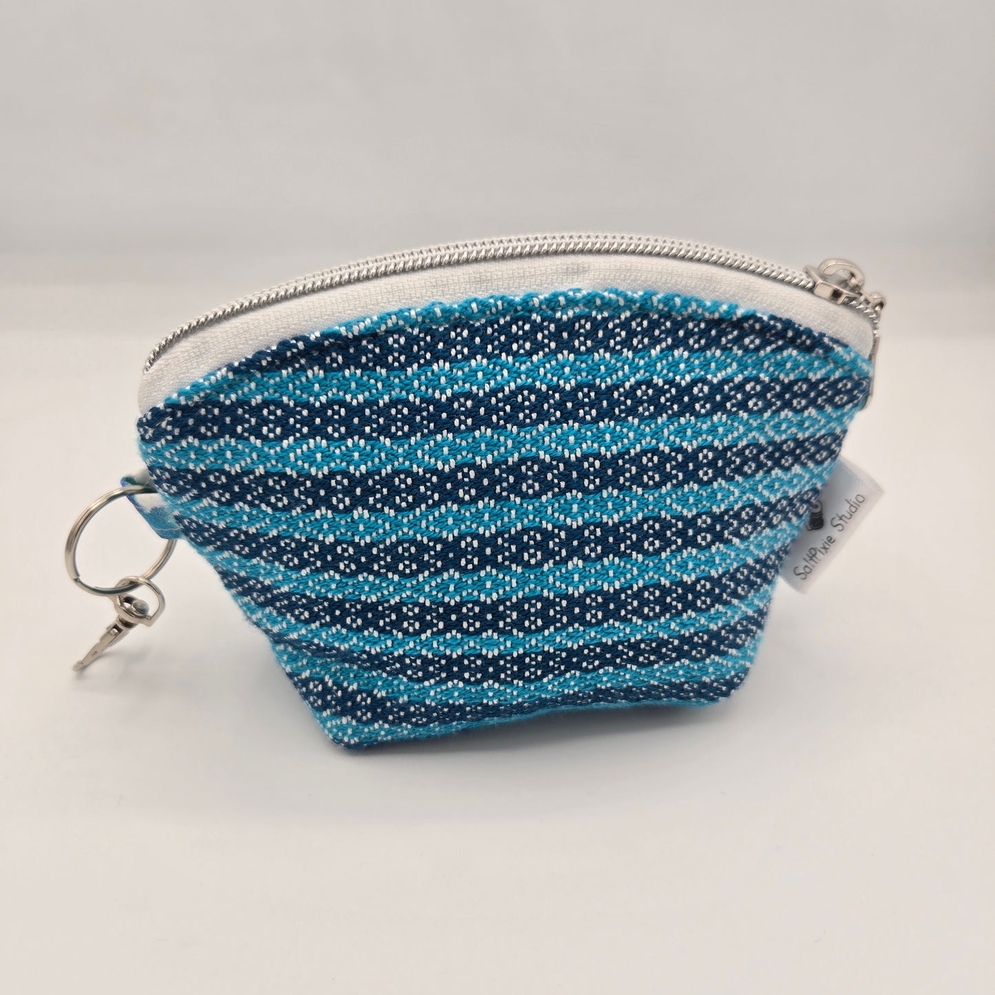 Curved Zipper Bag | Handwoven + Cotton | Navy Turquoise Stripes & Bubbles | Small