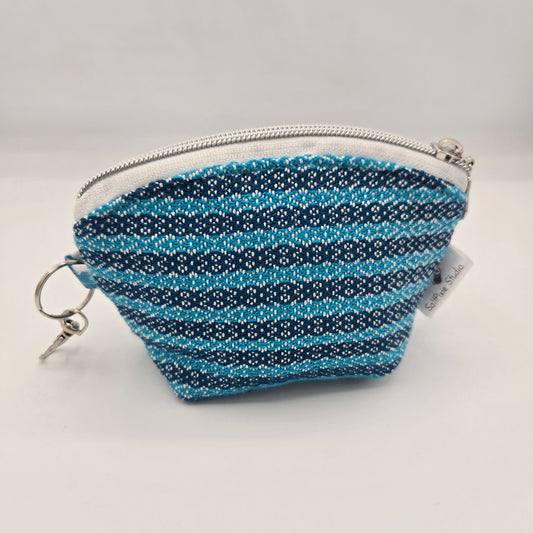 Curved Zipper Bag | Handwoven + Cotton | Navy Turquoise Stripes & Bubbles | Small