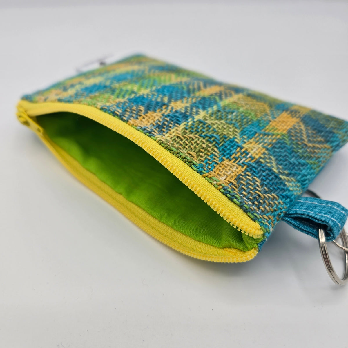 Mini Zipper Pouch | Handwoven Cotton & Linen | Turquoise & Yellow Plaid