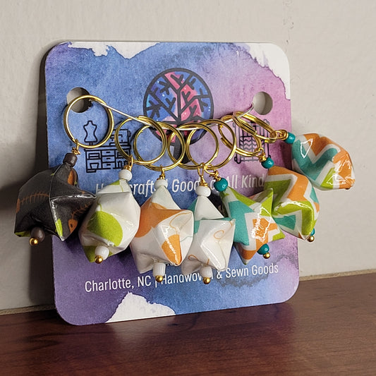 Stitch Marker | Handmade Paper Stars | White/Orange/Green Stripes & Swirls | Set of 7