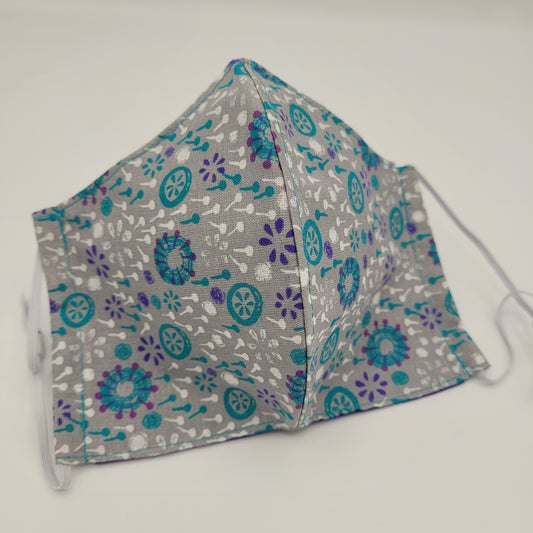 Cotton Face Mask w/ Filter Pocket | Adjustable Tie Ear Loops | Teal Gray Purple Floral | Washable Mask