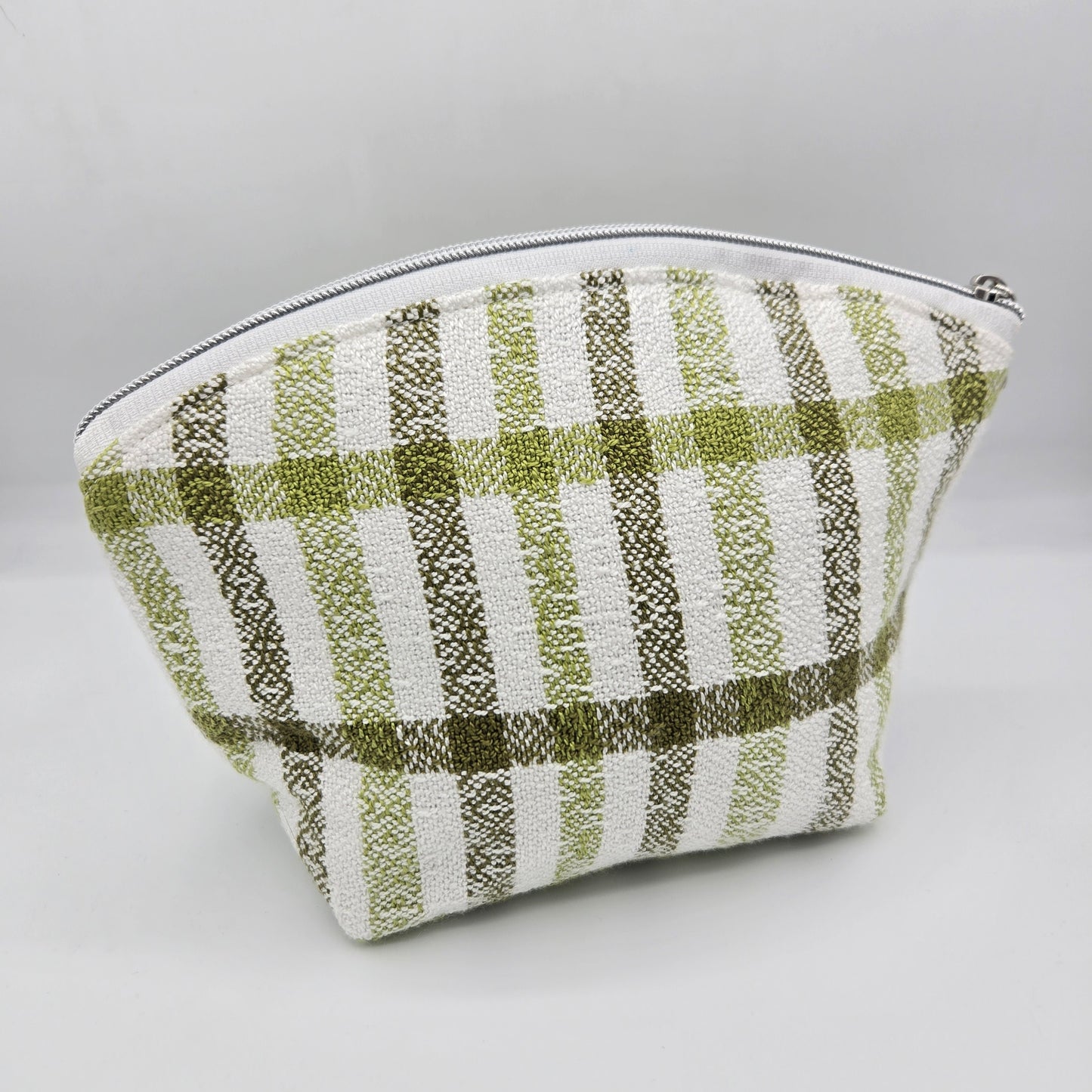 Curved Zipper Bag | Handwoven + Cotton | Olive and Lime Stripes | Medium