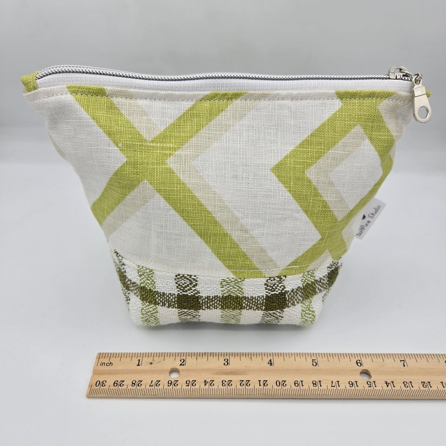 Zipper Pouch | Handwoven + Linen | Olive and Lime Stripes Top | Small