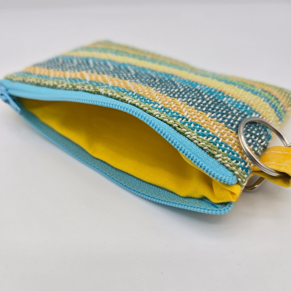 Mini Zipper Pouch | Handwoven Cotton & Linen | White Blue/Green and Yellow Plaid