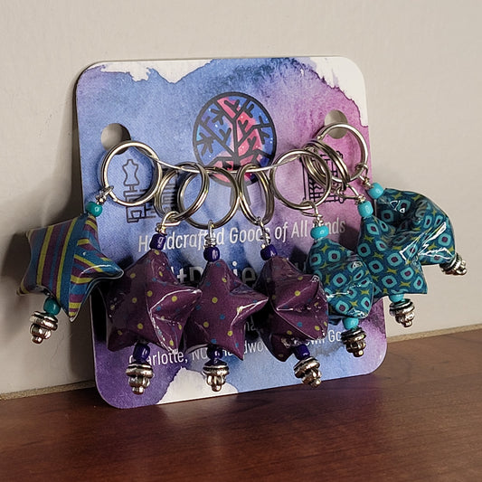 Stitch Marker | Handmade Paper Stars | Navy/Purple/Teal Dots & Stripes | Set of 7