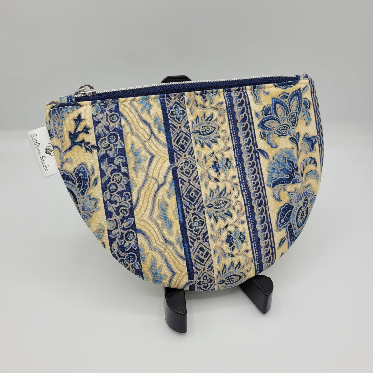 Curved Coin Purse | Handwoven + Cotton | Tan & Navy Floral