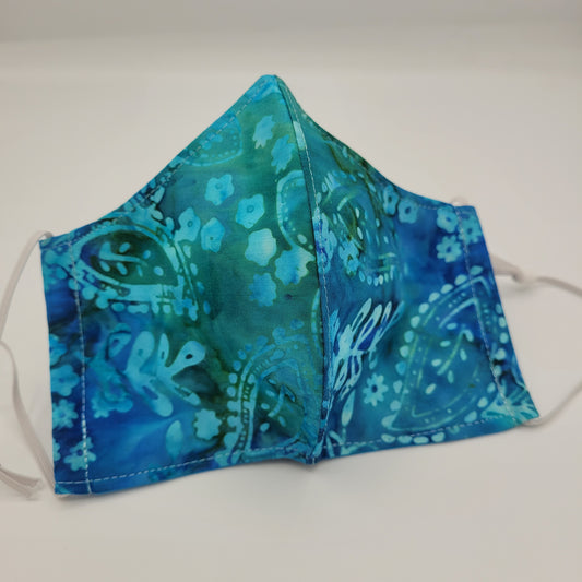 Cotton Face Mask w/ Filter Pocket | Adjustable Tie Ear Loops | Dark Teal Batik | Washable Mask